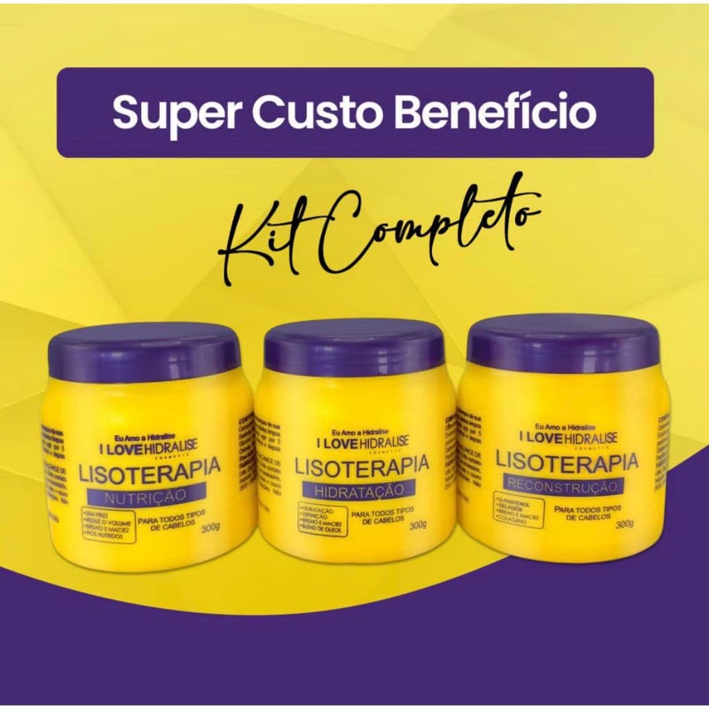 Kit Cronograma Capilar Lisoterapia - 3 máscaras de 300g (Hidratação, Nutrição e Reconstrução)