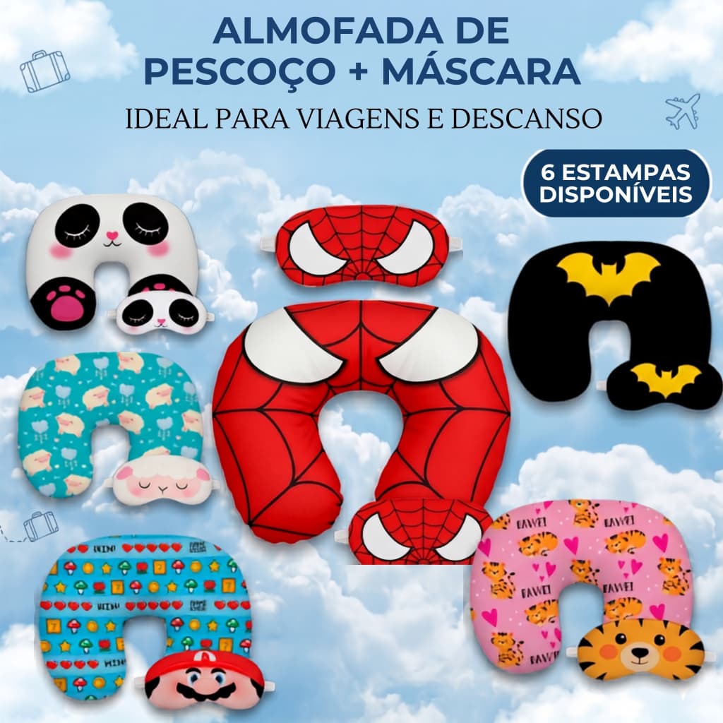 Almofada Pescoço Infantil e Adulto Viagem Descanso Com Máscara Carro Avião