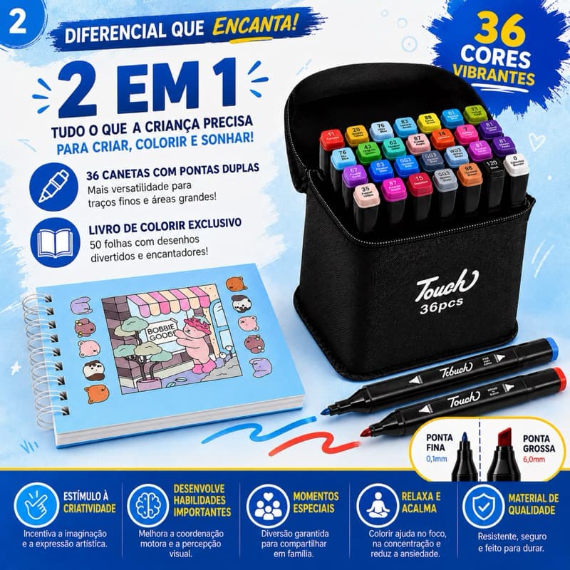 Kit Livro de Colorir Infantil Urso Bob Azul + 36 Canetas Touch Dupla Ponta Estojo Presente Educativo
