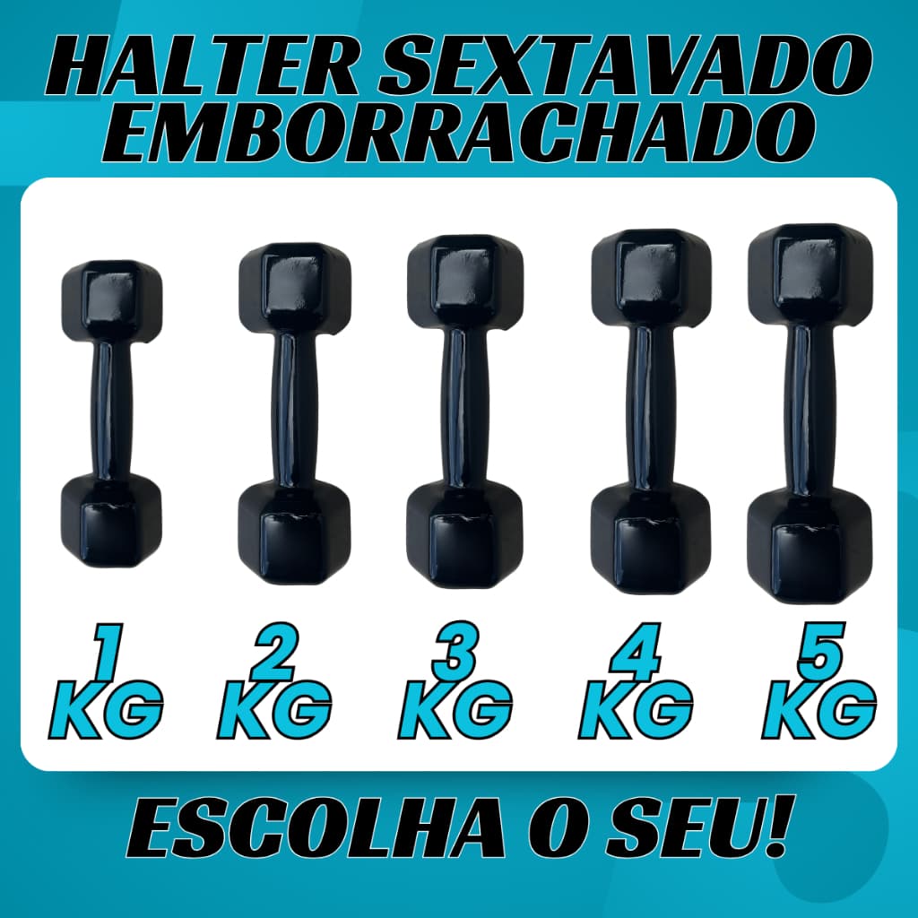 Halter Sextavado Emborrachado - 1 Unidade  -1kg a 5kg - Peso de Academia