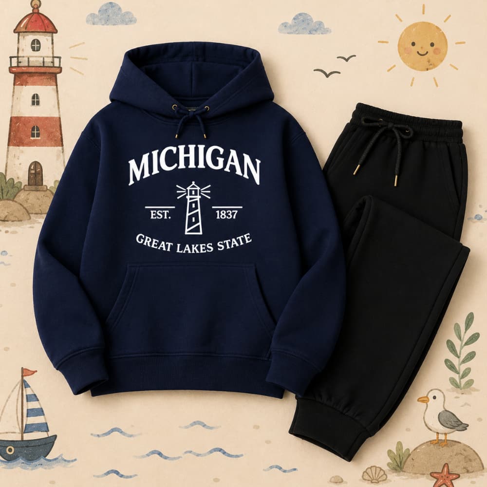 Conjunto Agasalho Infantil Michigan Farol Navios com Capuz e Bolso Canguru Calça de Moletom Inverno