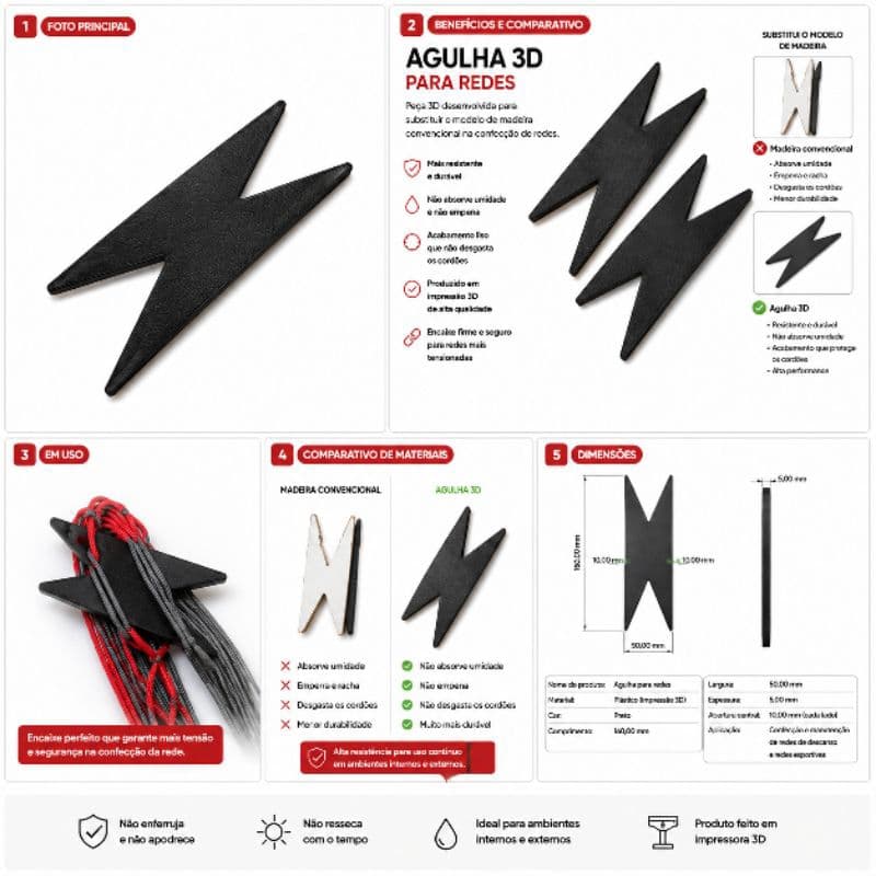 kit com 6 Agulha 3D para confecção de redes