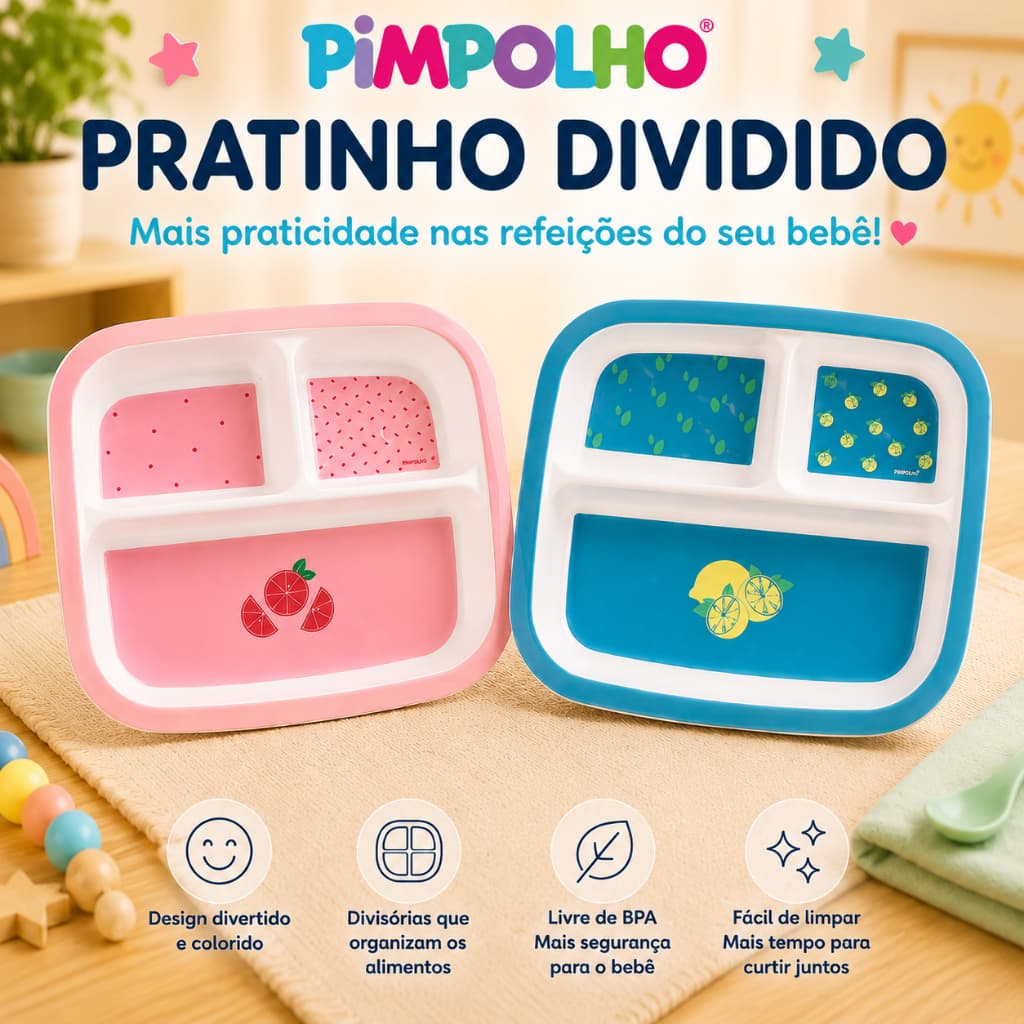 Prato Infantil Pimpolho com Divisória – Prato Antiderrapante para Refeições