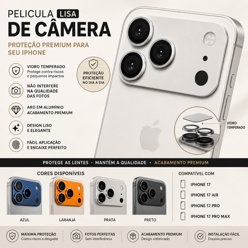 Película de Câmera Lisa Para iPhone 17/17 Air/17 Pro/17 Pro Max Vidro Proteção Lente Traseira