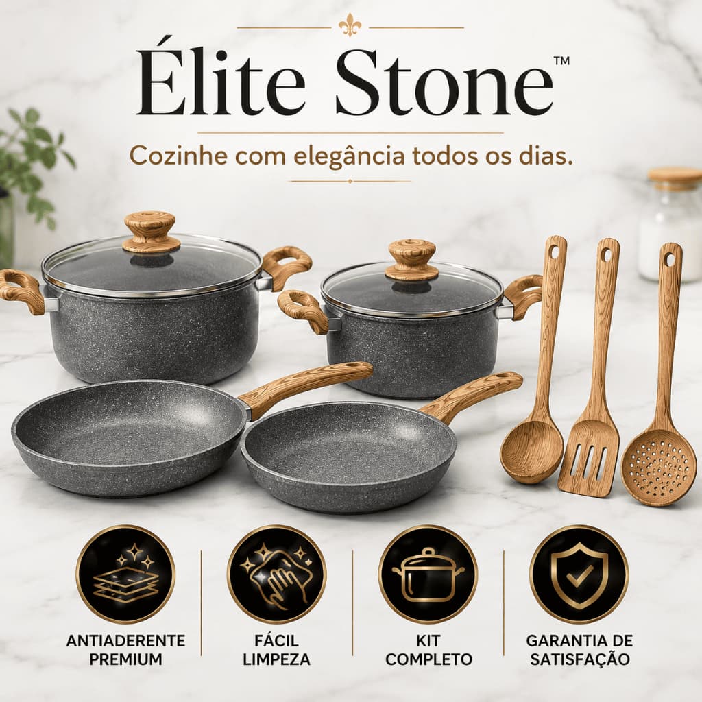 Kit Panelas Antiaderentes 7 Peças Élite Stone™ Com Utensílios Cozinha Completa Fácil Limpeza