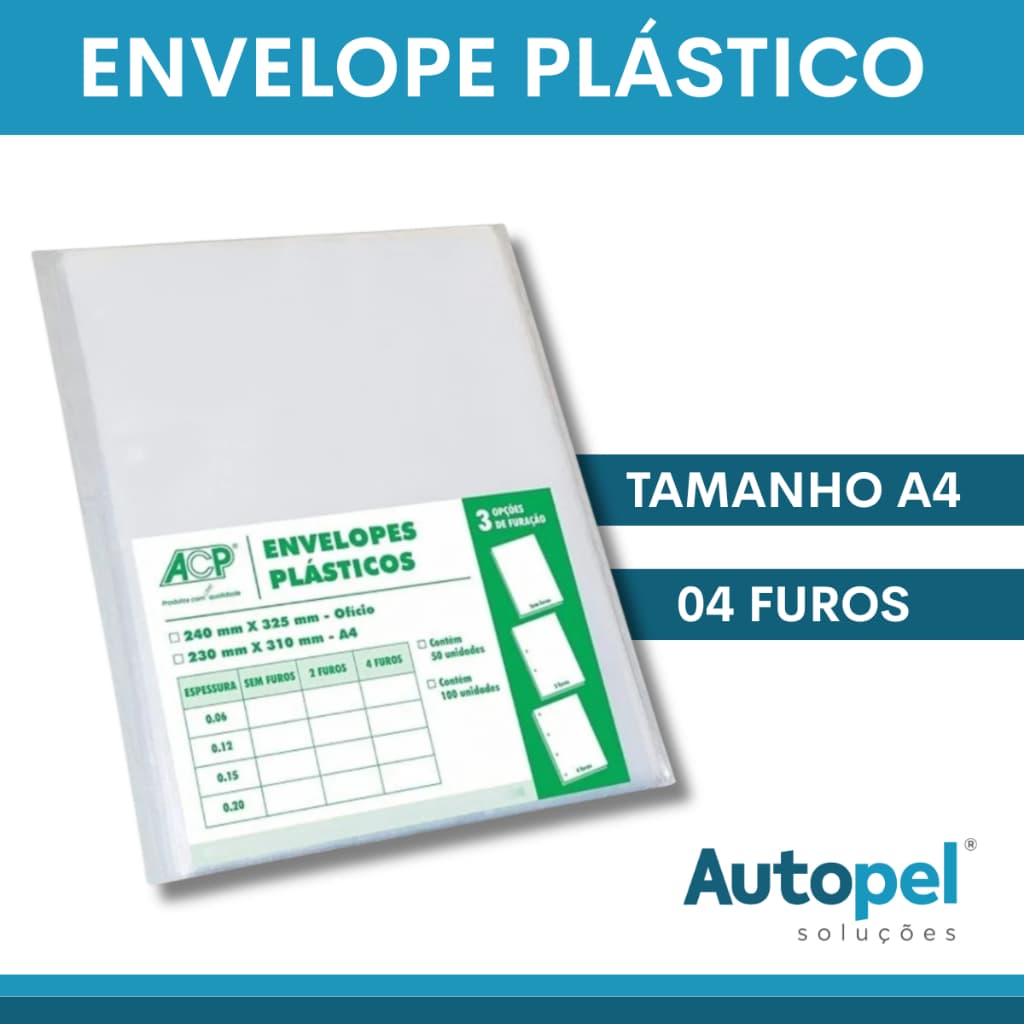 Envelope Plástico A4 0,12mm Com 4 Furos Pacote Com 100 Unidades Transparente ACP