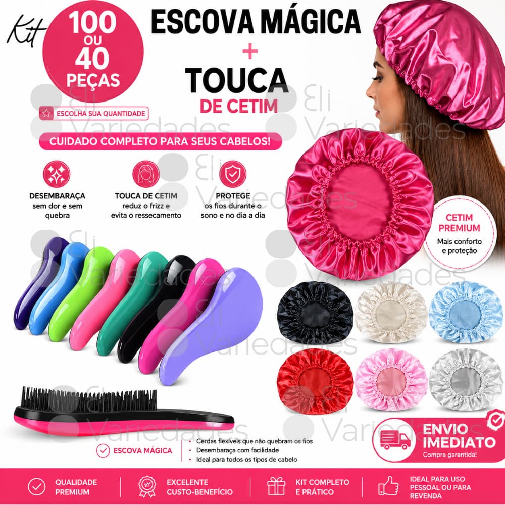 Kit Atacado 20 Ou 50 Escovas Mágica Desembaraçadora Cabelo E Toucas De Cetim Anti Frizz Revenda