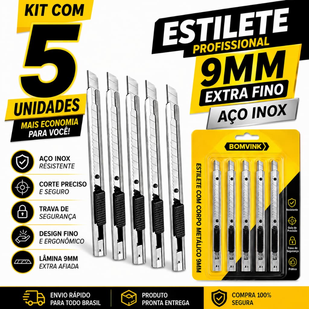 Kit 5 Estilete Profissional 9mm Aço Inox Reforçado Cortador Caixa Papelão Precisão Segurança Oferta