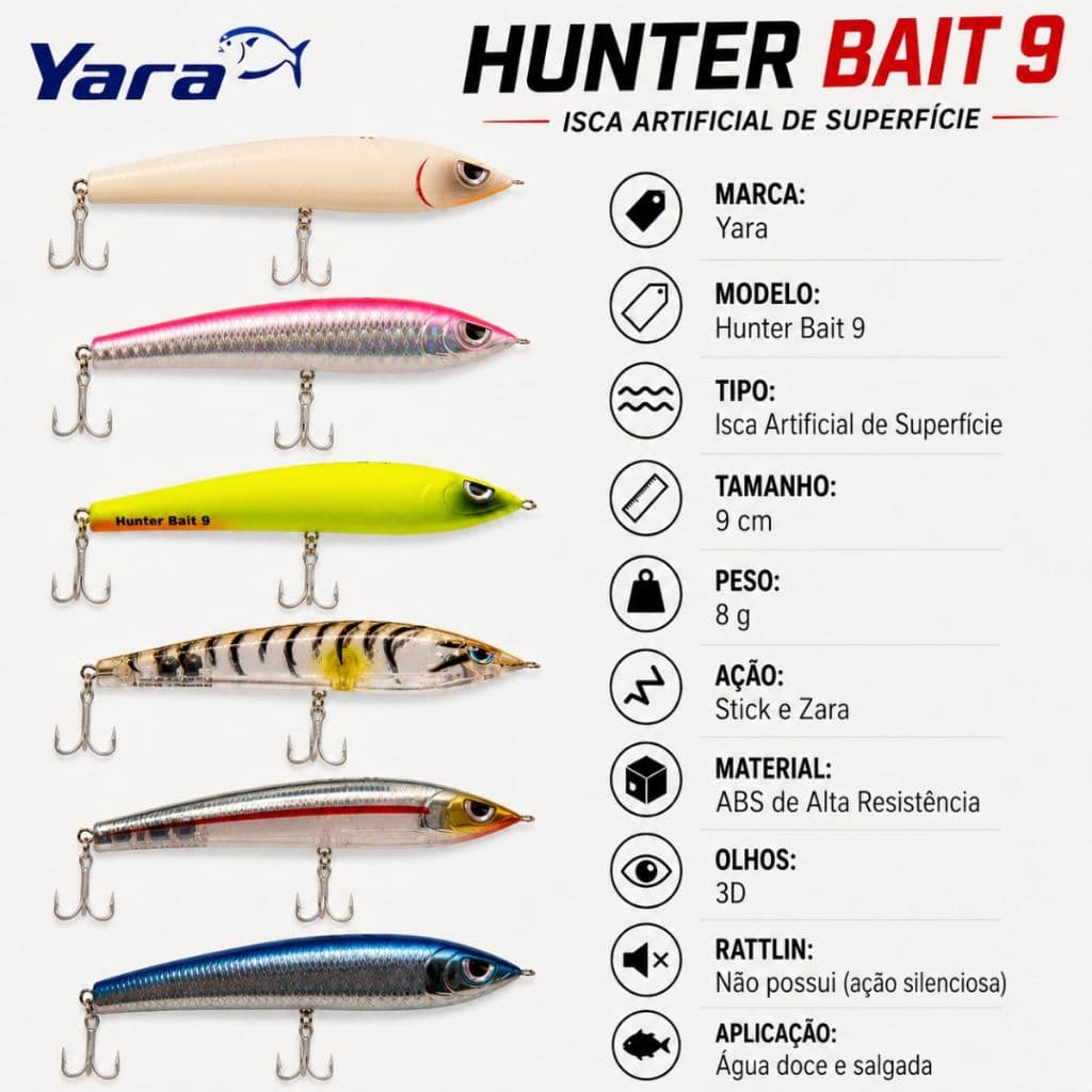 Isca Artificial Pesca Superfície Yara Hunter Bait 9cm 8g Tucunaré Traíra Dourado