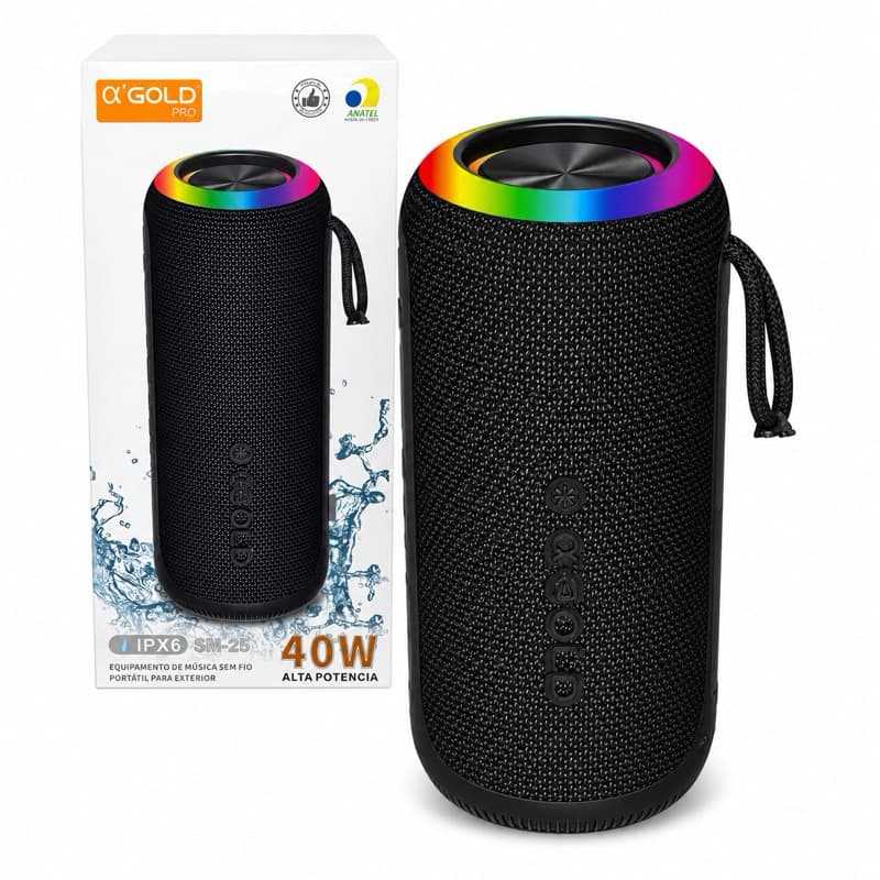 Caixa de Som Bluetooth A’Gold Pro SM-25 40W Portátil IPX6 À Prova D’Água LED RGB Praia Piscina