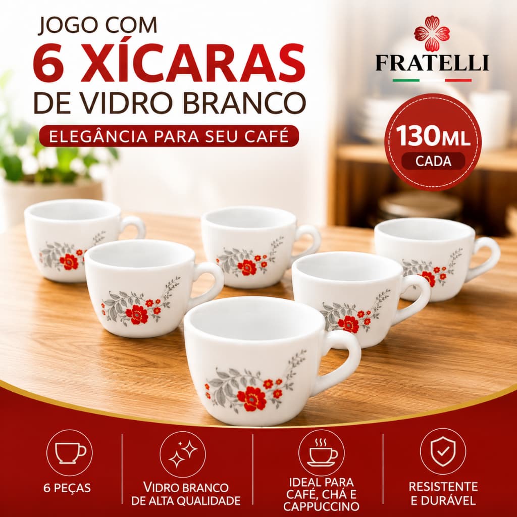 Jogo 6 Xícaras de Vidro Branco 130ml Café Chá Cappuccino Elegante Fratelli