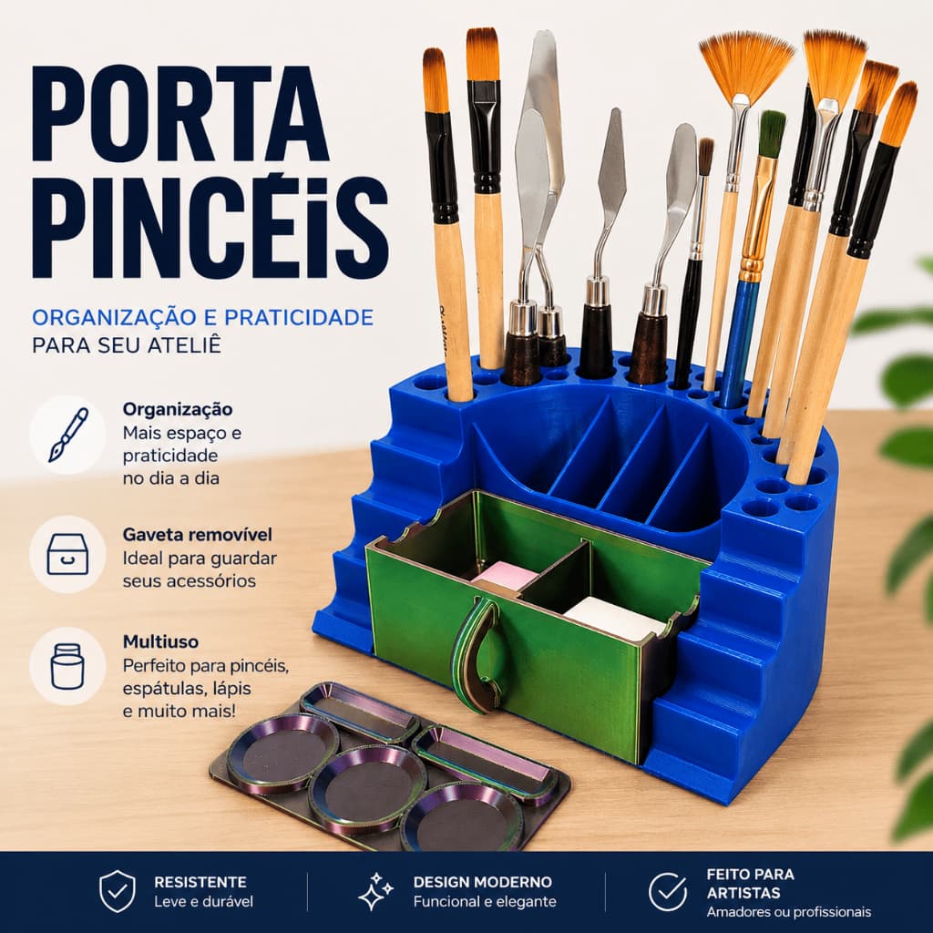 Porta Pincéis Organizador para Artistas com Gaveta e Bandeja de Tintas  | Cores variadas