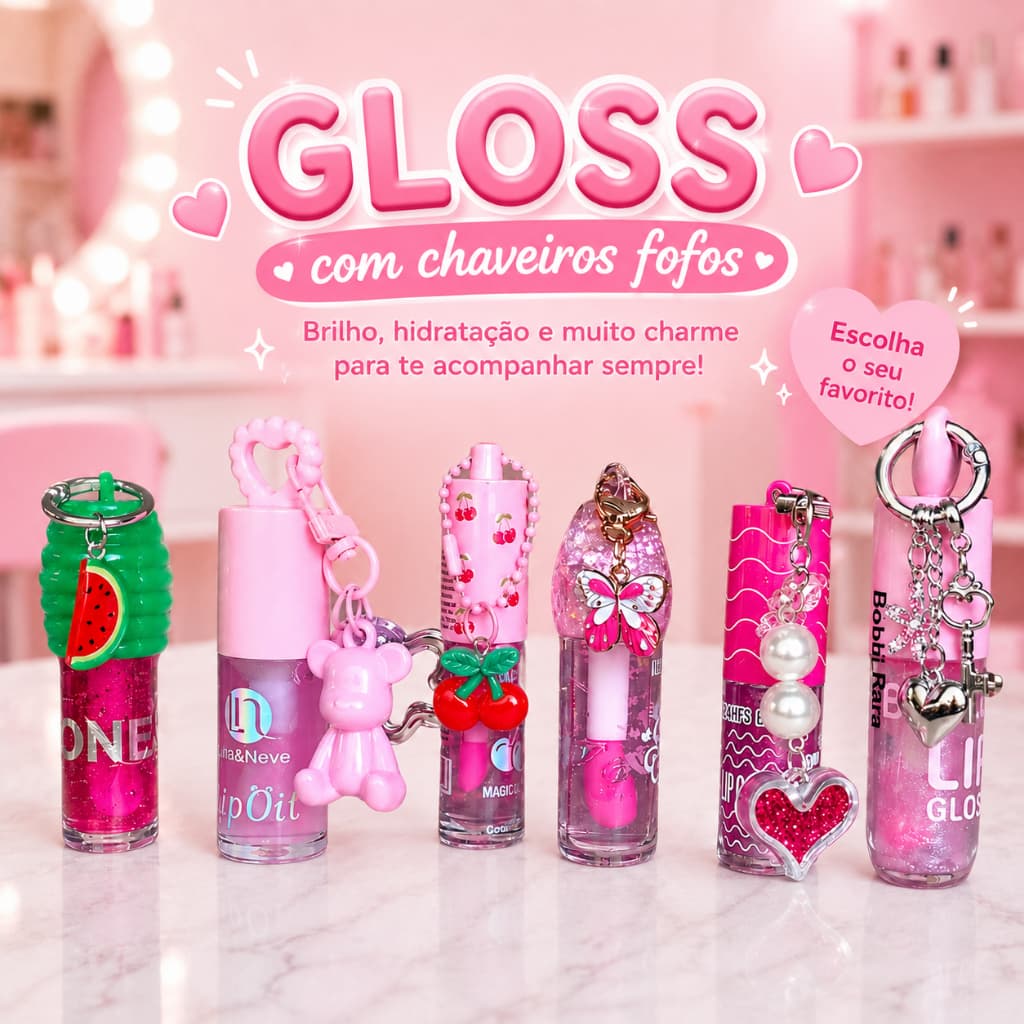 Gloss Labial com Chaveiro Fofo Delicado Lip Oil Brilho Hidratante Para Presente Lembrança Com Cheiro Adulto Infantil