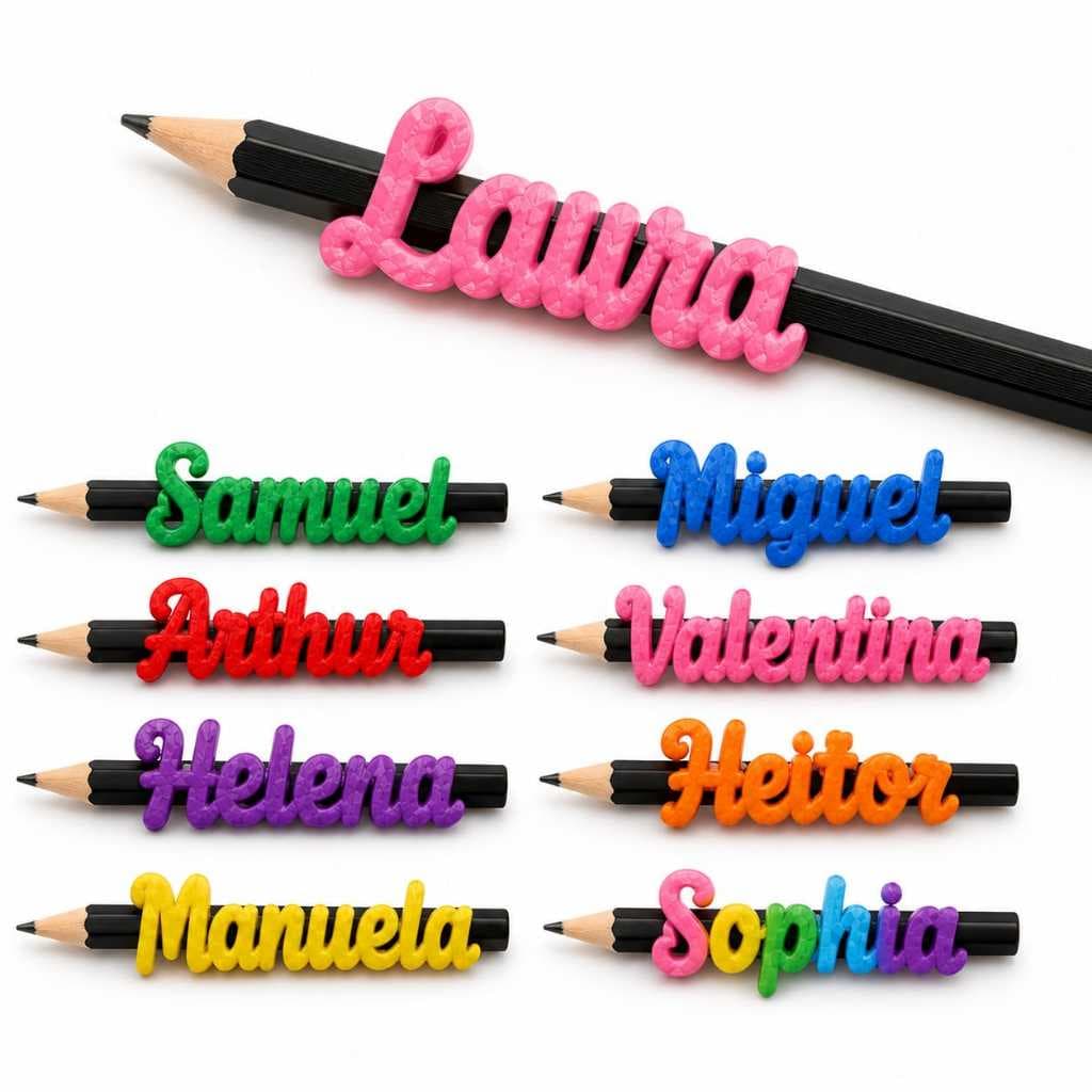 Nome Personalizado para Lápis 3D | Enfeite de Lápis com Nome | Ponteira Escolar Personalizada Colorida | Volta às Aulas
