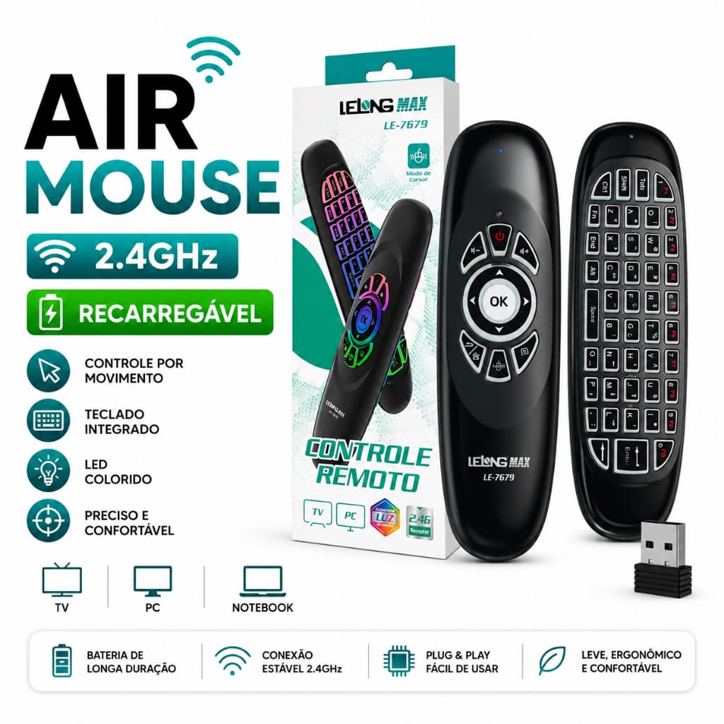 Controle Air Mouse Sem Fio 2.4GHz Teclado LED TV Box Smart TV PC LE-7679