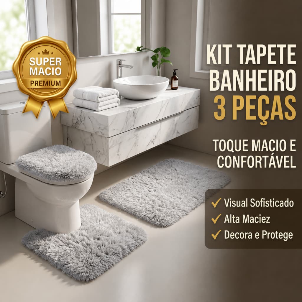 Kit Tapete Banheiro 3 Peças Felpudo Macio Jogo Completo Capa para Vaso Decorativo Bege