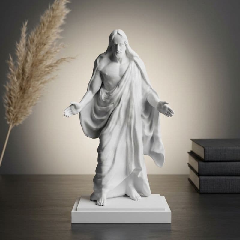 Decoração Estatueta O Cristo Vivo com marcas dos cravos nas mãos e nos pés.