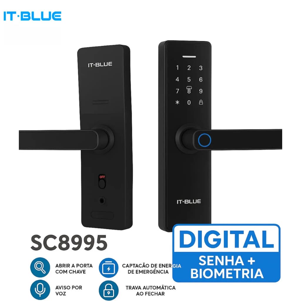 Fechadura Digital Inteligente IT-BLUE SC8995 Biométrica WiFi | 5 Modos de Acesso | Trava Automática | Maçaneta