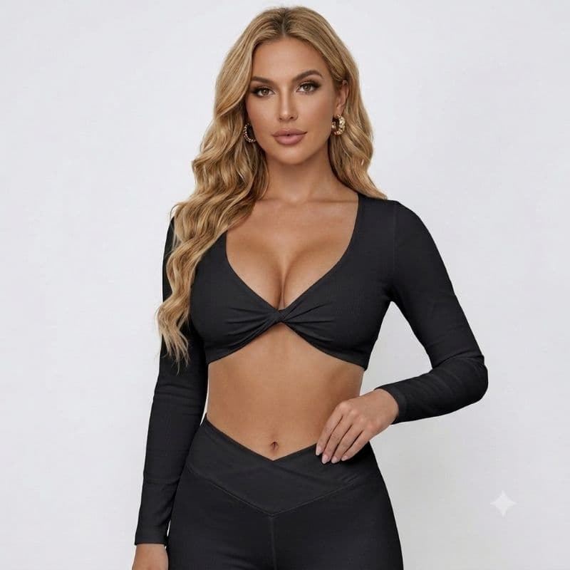 Cropped Feminino Manga Longa Decote Torcido – Moda Feminina Premium
