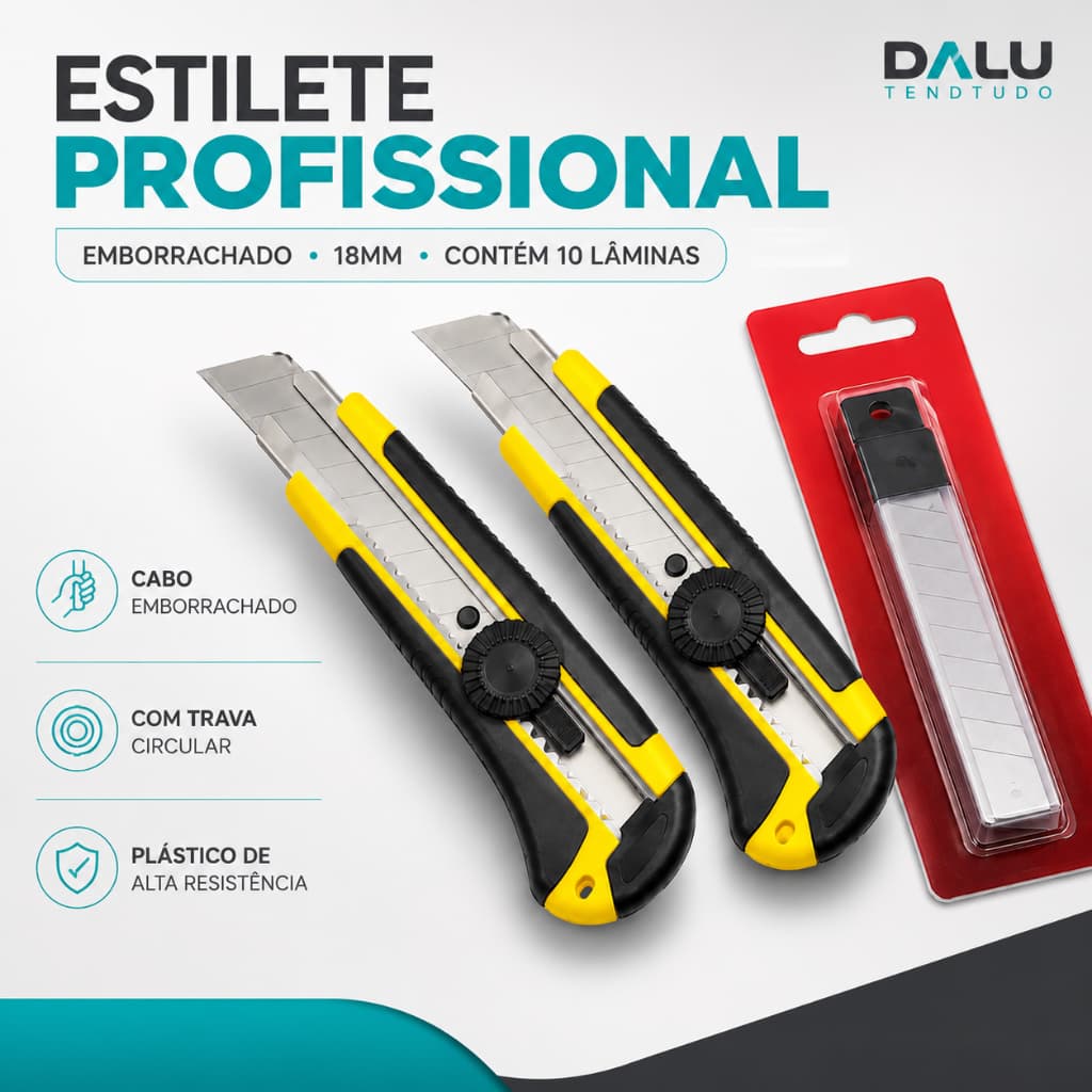 Kit 2 Estiletes Profissionais Emborrachados Ergonômico Com Trava Antiderrapante + 10 Lâminas