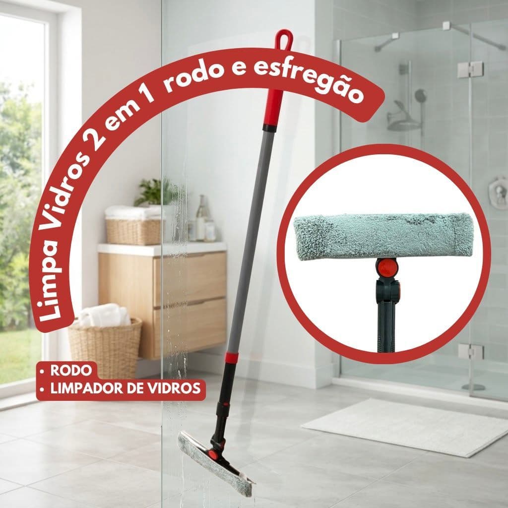 Limpa Vidros 2 em 1 Rodo com Esponja para Janelas e Box, rodo