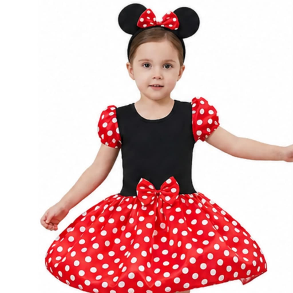 Fantasia Minnie Infantil Vestido Vermelho Poá com Tiara Festa Aniversário Menina P M G