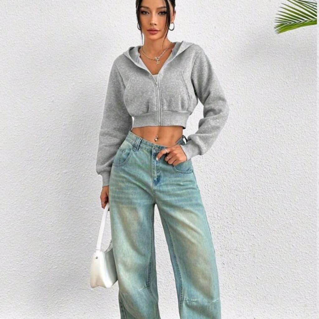 Jaqueta Cropped Moletom Feminina Com Capuz E Zíper Tendência Inverno Outono, moda gringa
