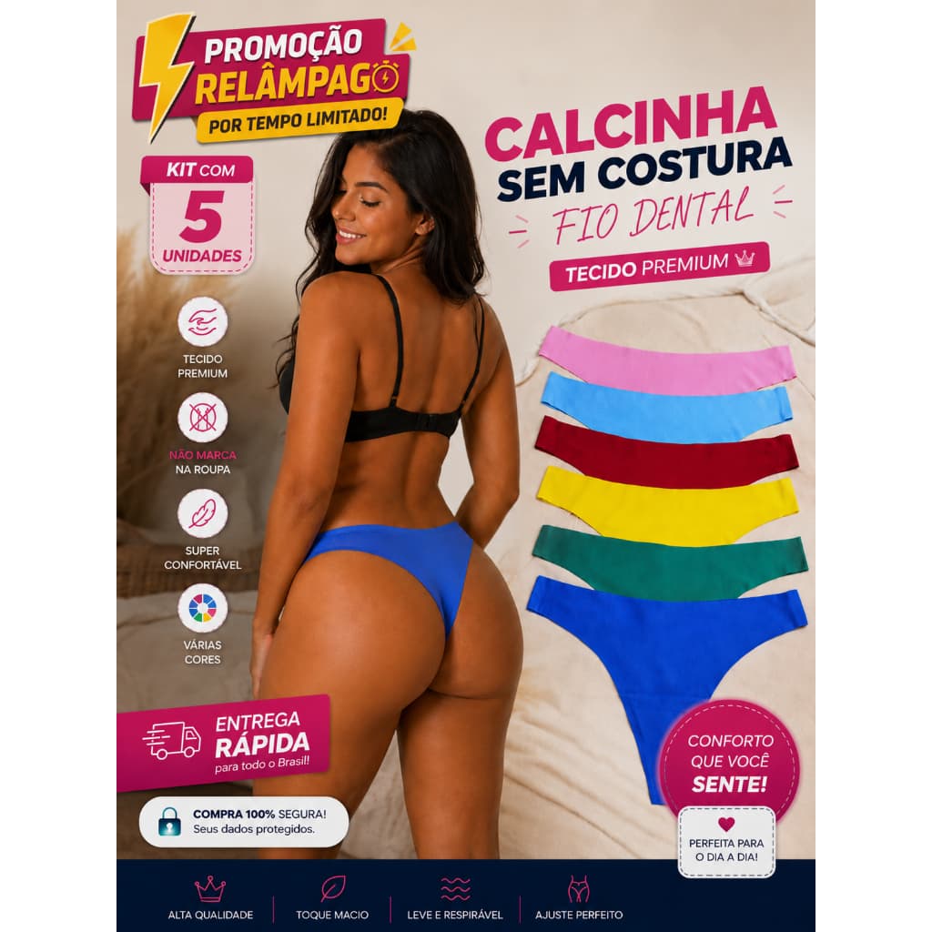 Kit 5 Calcinha Sem Costura Conforto Premium Fio Dental