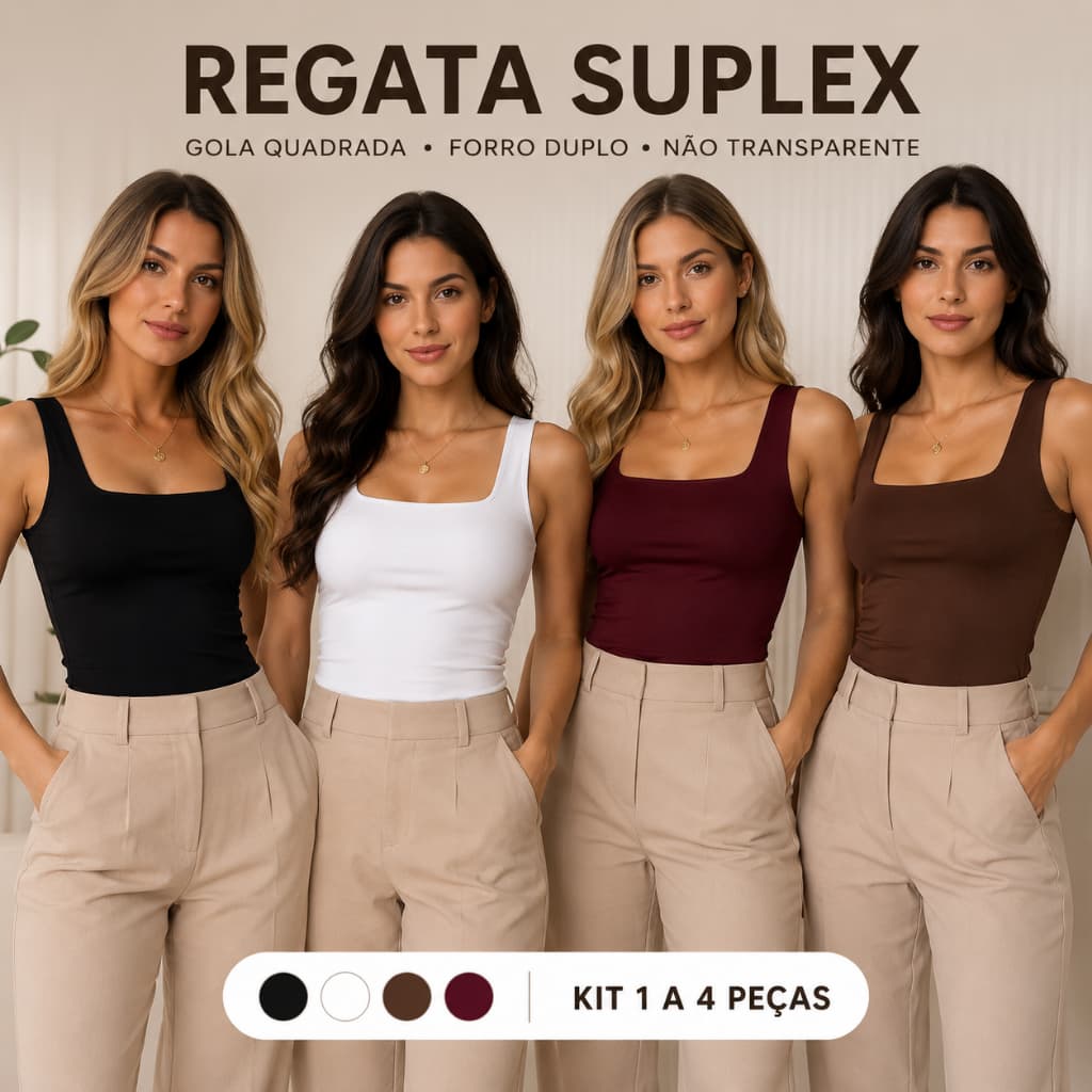 Kit 1 Até 4 Regatas Femininas Suplex Gola Quadrada Forro Duplo Não Transparente