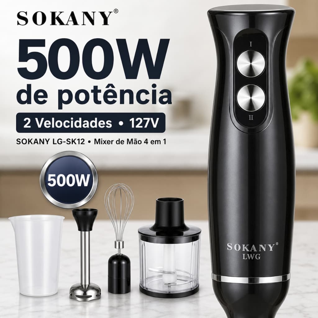 Kit Mixer 4 em 1 Sokany 500W 127V Para Sopas Molhos Vitaminas Fouet Processador Copo Cozinha Prático