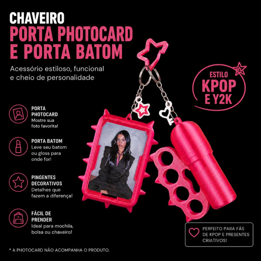 Chaveiro Porta Photocard e Porta Batom / Estilo Y2K / K-Pop / BTS / Estilo Aesthetic / Presente Army / Impressão 3D