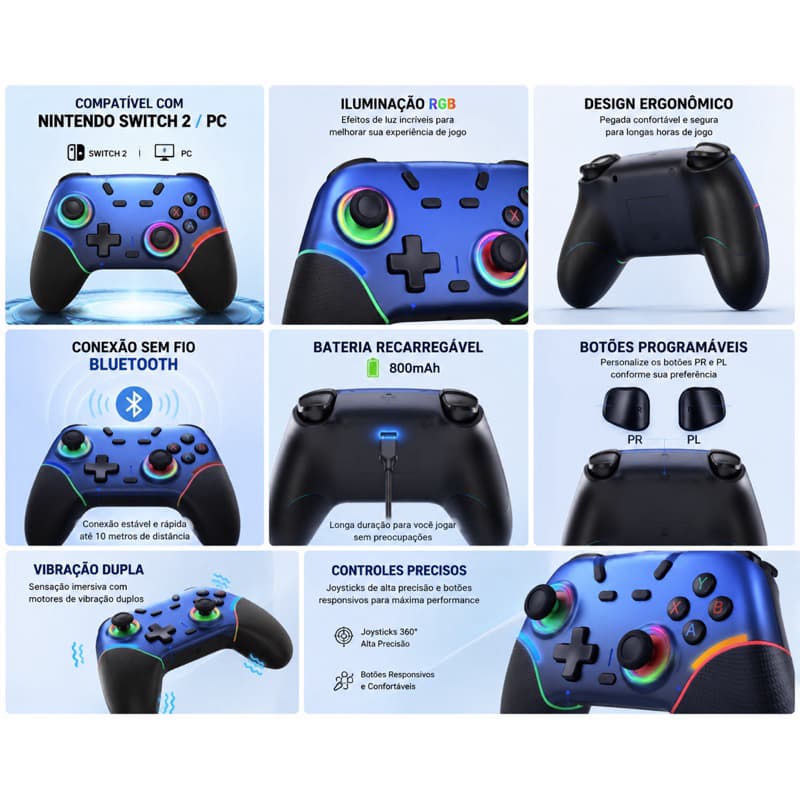 Controle de Jogo X9 Azul com Iluminação RGB e Conexão Bluetooth 2.4G