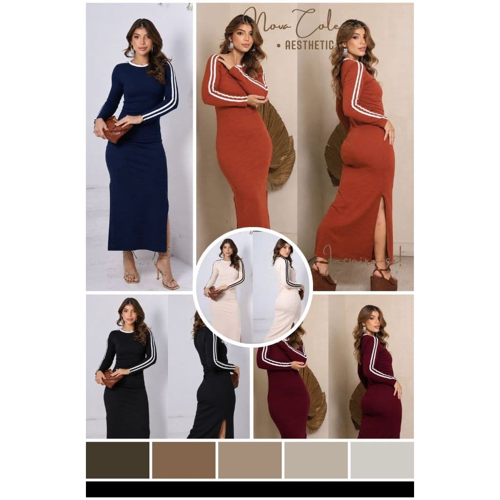 Vestido Longo Feminino Ana Ruga Bicolor com Fenda | Elegante, Moderno e Modela a Silhueta