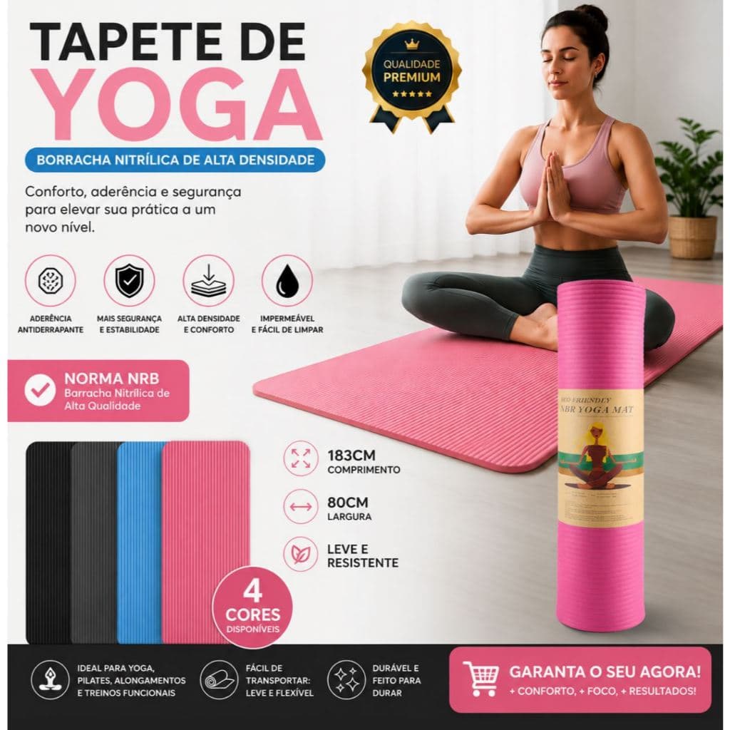 Tapete Yoga NBR 10mm Premium 183x80cm Antiderrapante Alta Densidade Pilates Fitness