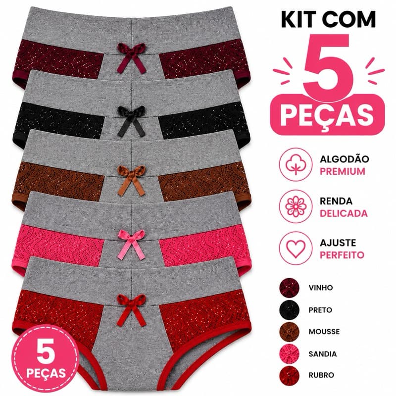 KIT 5 Calcinhas Femininas Cós Alto Algodão Premium Com Renda