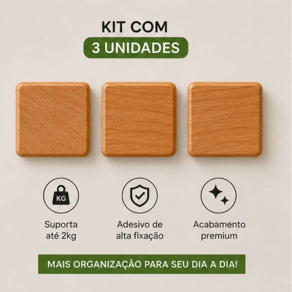 Kit 3 Ganchos cabide Adesivos Madeira Para Banheiro Cozinha Porta Toalha Sem Furadeira - Quadrado