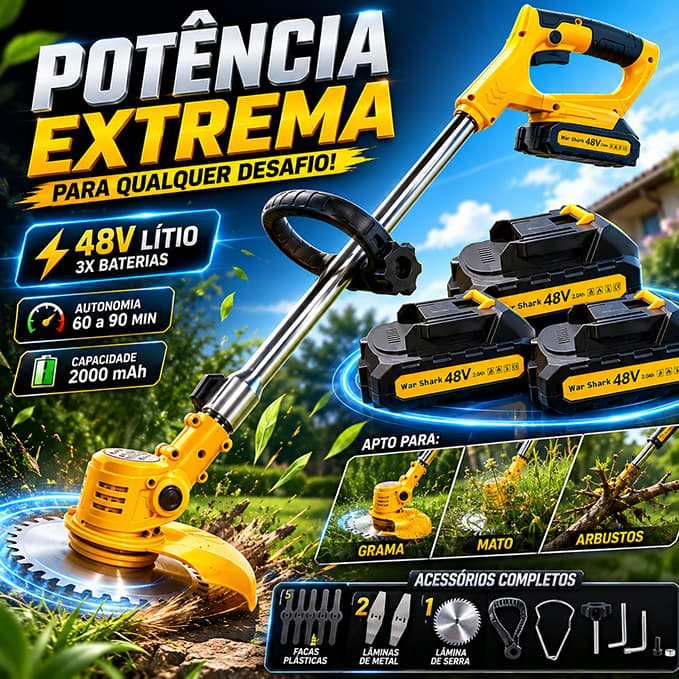 Roçadeira Aparador De Gramas Profissional 2000mah 48V Baterias*3 18000RPM 110-220V War Shark