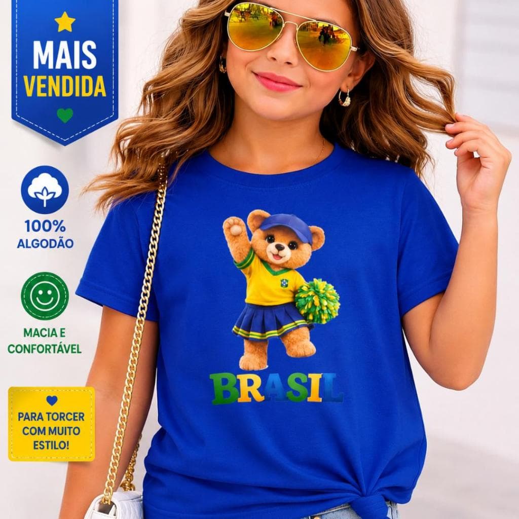 T-Shirt Camiseta Do Brasil Ursinho Brasil Copa Menina Algodão Premium Confortável Estilo Fashion Infantil Juvenil