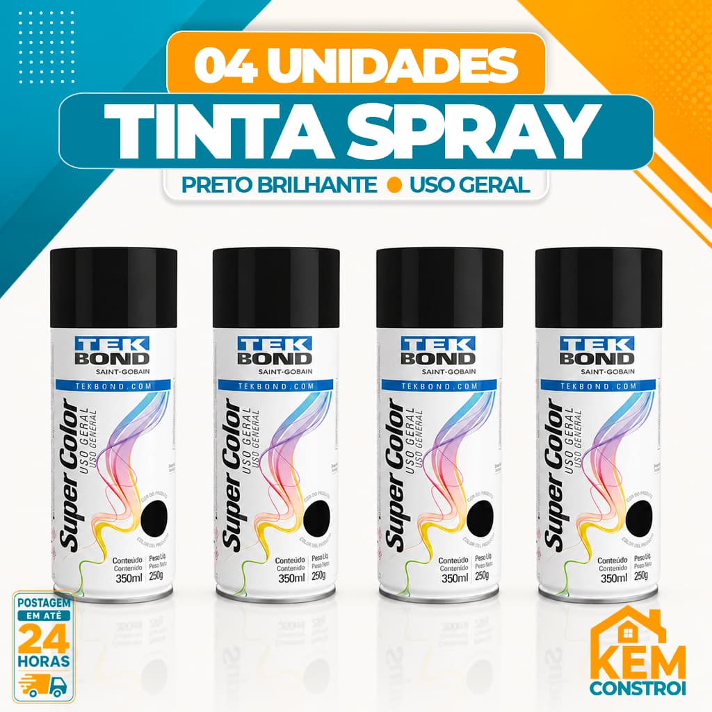 Kit 4 Tinta Spray Tekbond Preto Brilhante 350ml Uso Geral Alta Cobertura Secagem Rapida