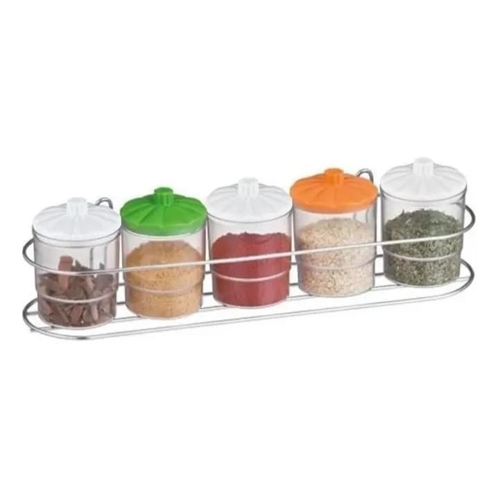 Porta Tempero Cromado Condimentos 5 Potes Tampas Coloridas -  Suporte Cromado Temperos Condimentos