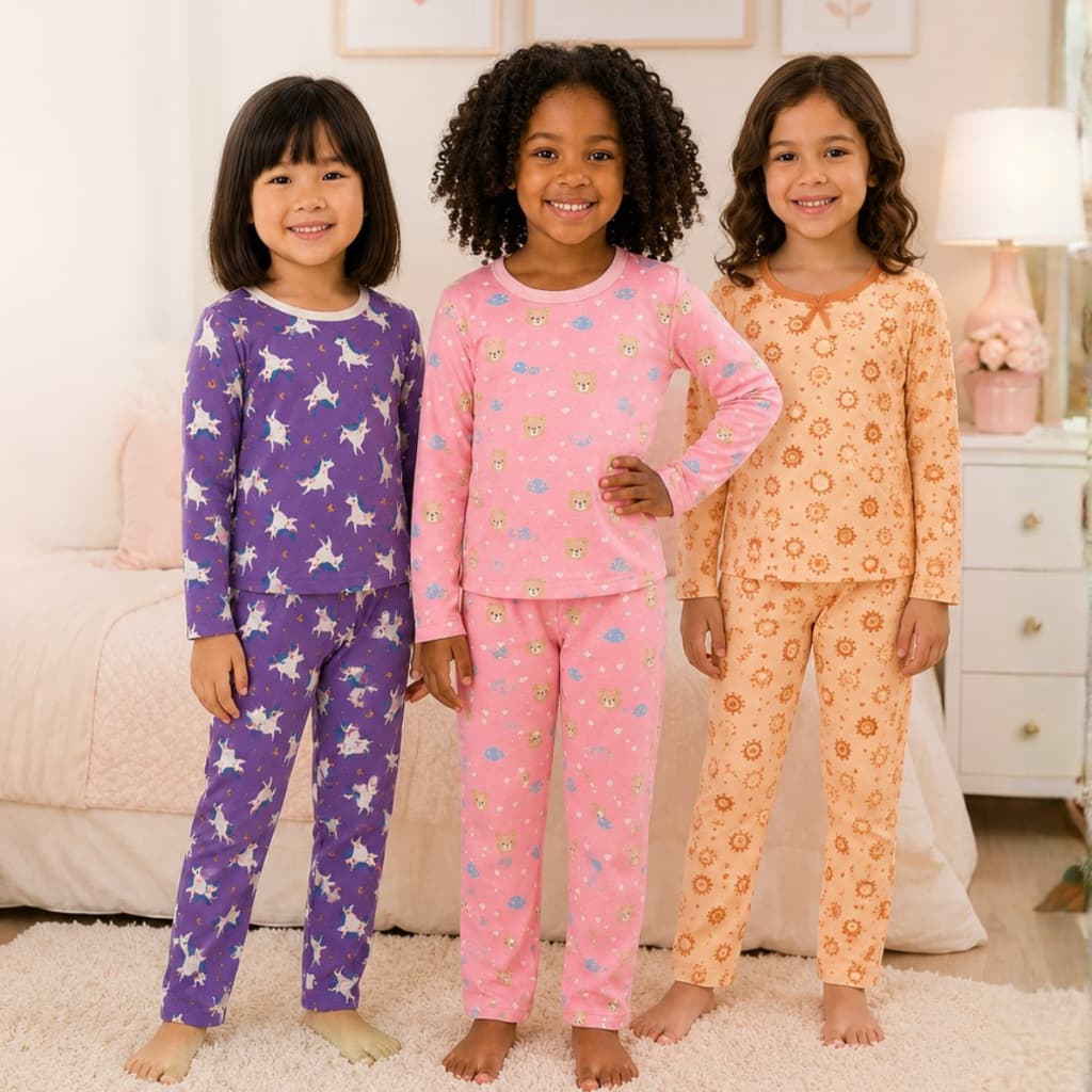 Kit 2 Pijama Longo Infantil Feminino Manga Longa Inverno Calça Comprida Com Elástico Confortável