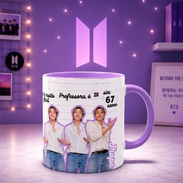 Caneca Com Alça e interior lilas.  BTS  - J-Hope, "Six Seven" Perfeita para fãs de K-Pop, Army !!!