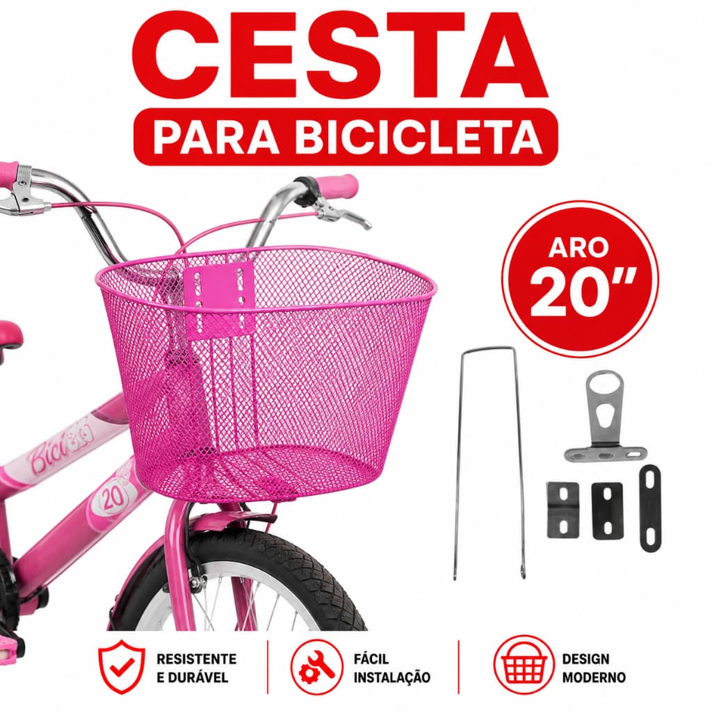 Cesta Cestinha de Bicicleta Infantil Aro 20 Rosa Bike Mirim Facil Instalação