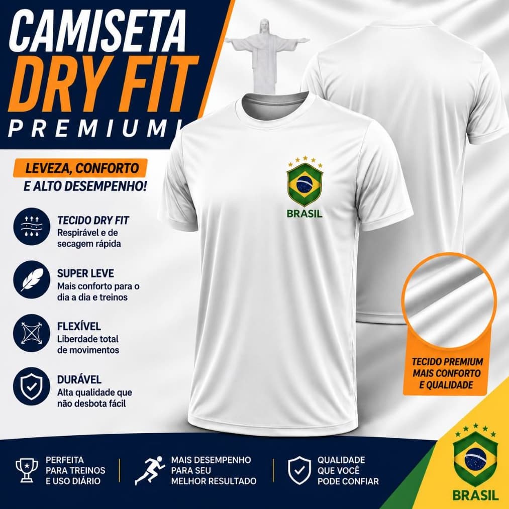 Camisa kit 2 Dry Fit Masculino Brasil Básica  maromba Corrida Treino Academia Esporte Branca Preta Respirável Anti Odor