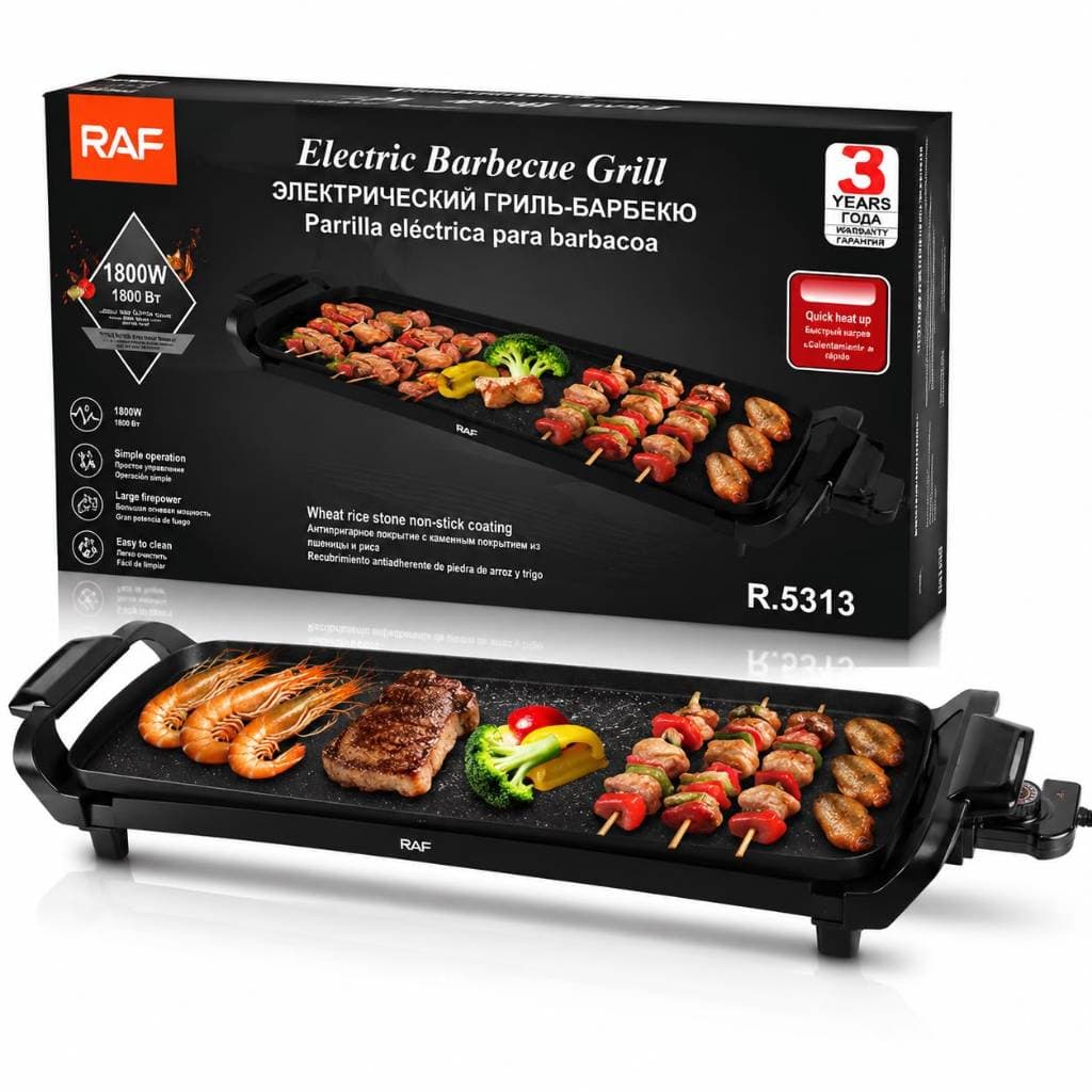 Churrasqueira Elétrica RAF 1800W Grill Antiaderente Portátil 220V Para Carnes Legumes e Petiscos