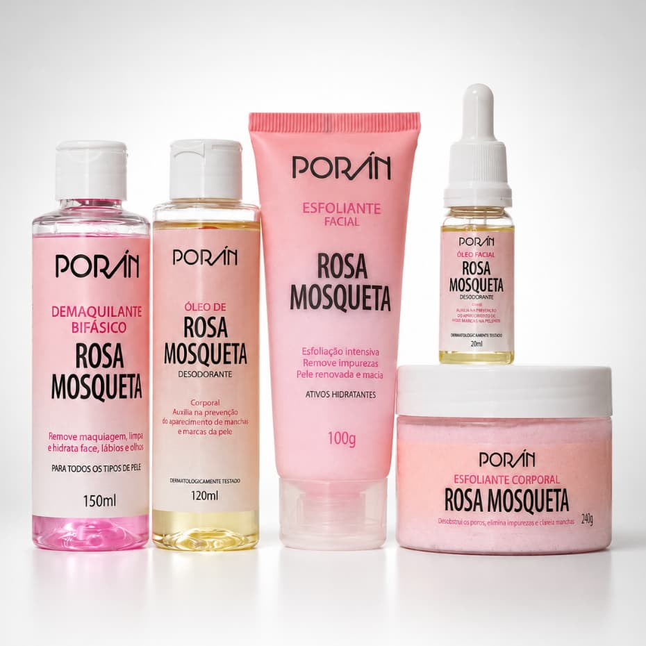 Kit Completo Rosa Mosqueta Porán Produtos Hidratação Esfoliação Facial e Corporal