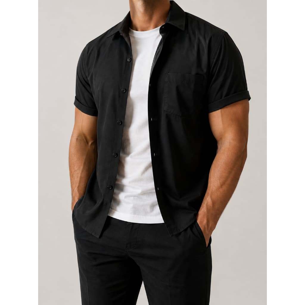 Camisa Masculina Casual Social de Manga Curta Lisa com Bolso em Poliéster Levemente Elástico