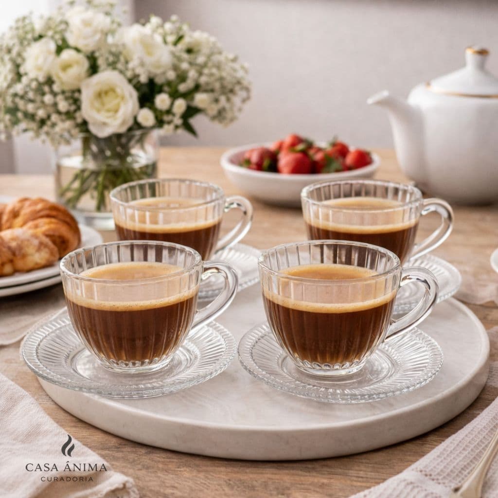 Jogo de Xícaras e Pires em Cristal Renaissance 180ml Jogo 4 Peças para Chá Café Mesa Posta