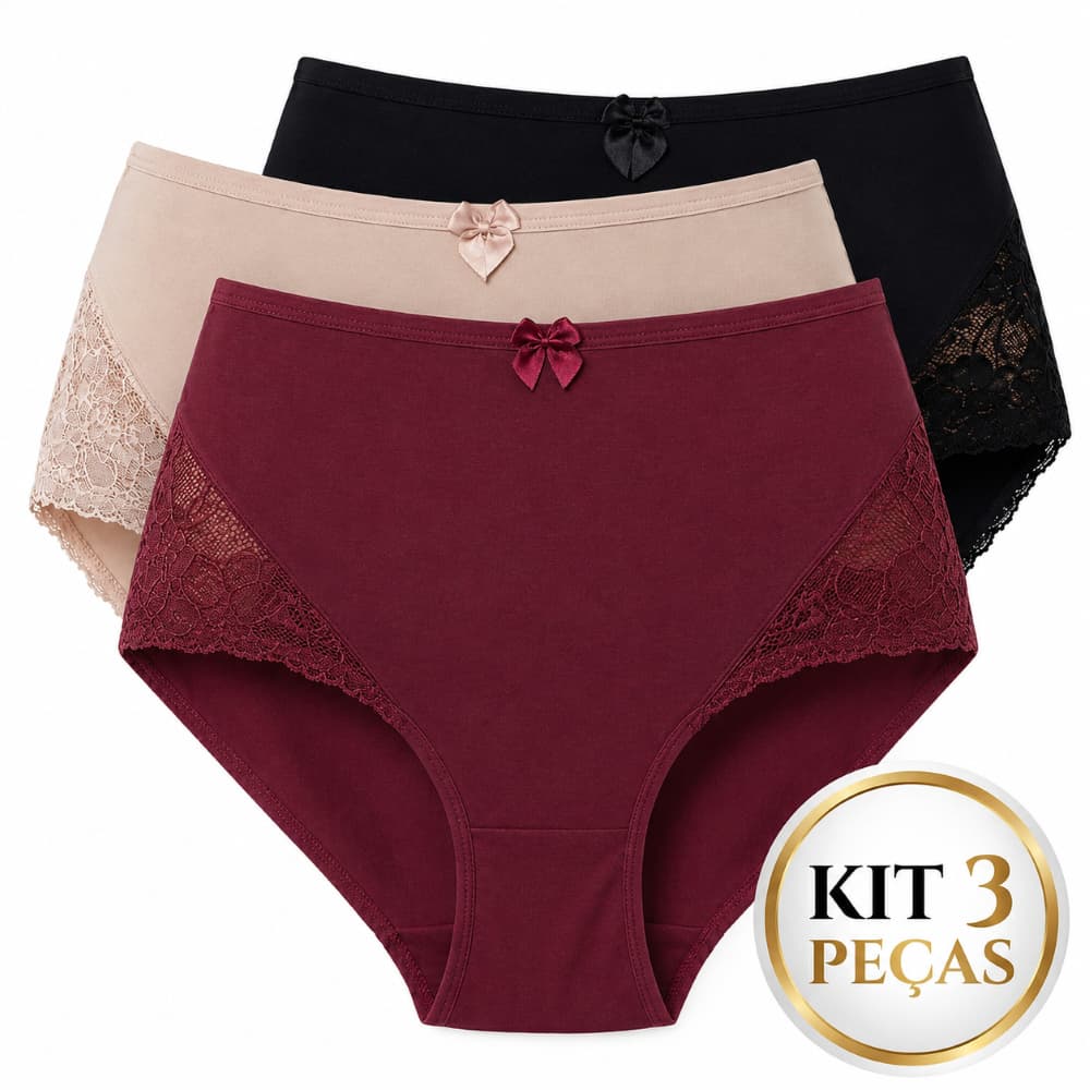 Kit 3 Calcinhas Calçola Cintura Alta Feminina Conforto com Detalhe em Renda Revenda
