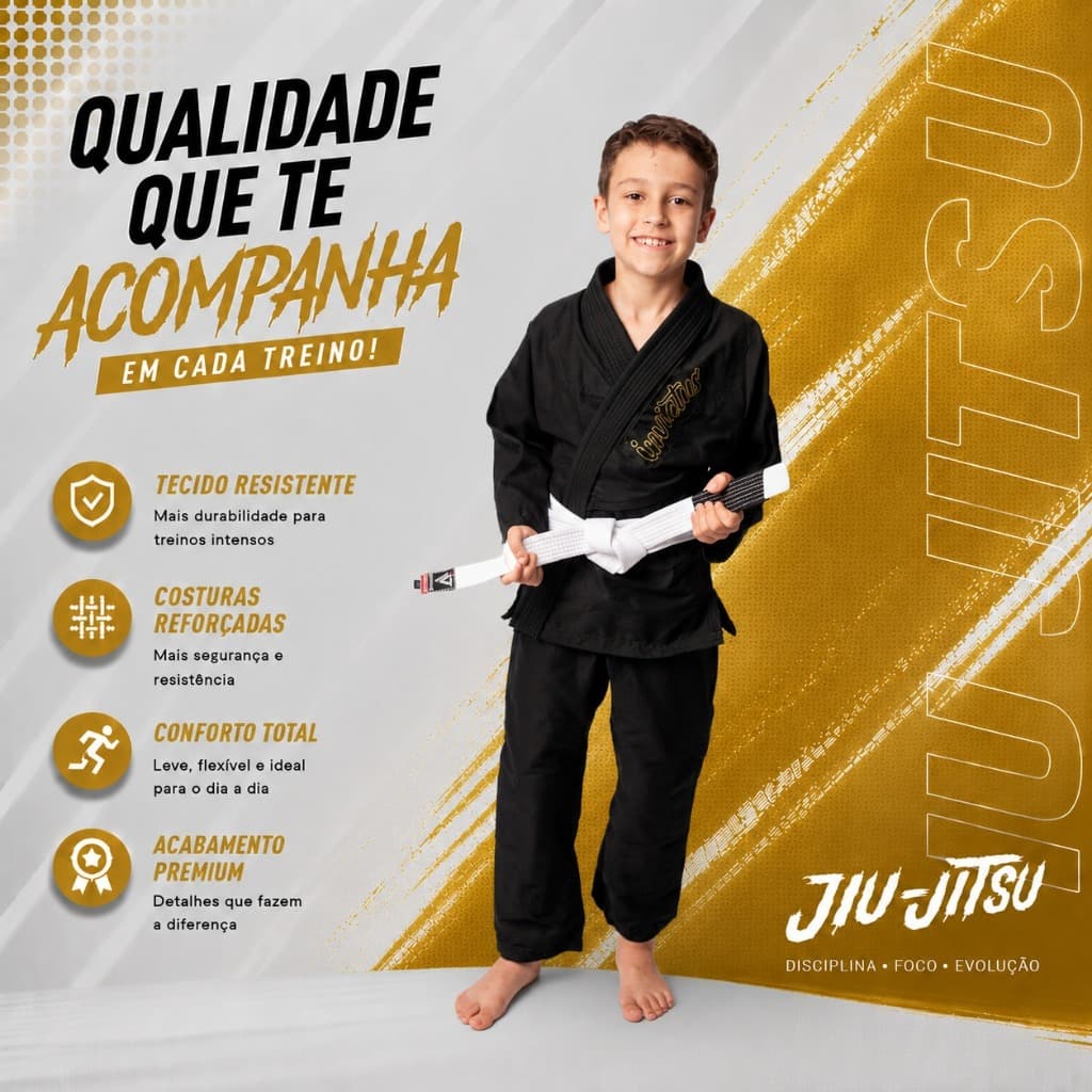 Kimono de Jiu Jitsu Infantil Sarja Preto kids Refoçado Judô Dobok Treino Envio Imediato